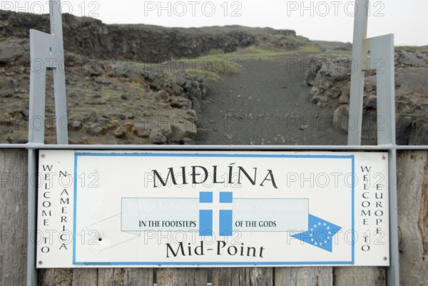 Sign 'Mid-Point', Reykjanes Peninsula, Iceland, Midlina, midpoint between the European and American