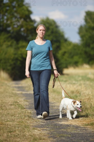 Woman with Parson Russell Terrier on leash, Parson Jack Russell Terrier, dog leash, walking, dog