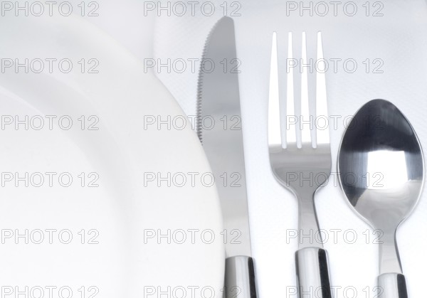 Close up of a cutlery set on a table with napkin and dish