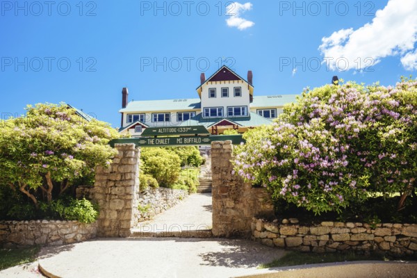 MT BUFFALO, AUSTRALIA- DECEMBER 29 2021: The Mount Buffalo Chalet on a warm summer's day. It was