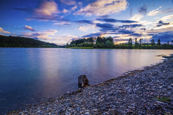 Sunset at the Zeulenroda Sea with blue sky and clouds, Zeulenroda-Triebes, Thuringia, Germany,