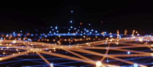 Blue and orange illumination grid pattern, communication technology for internet business. Global