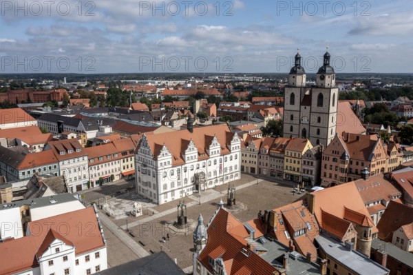 Drone shot, aerial view, drone photo, picture from above, historic town church St. Marien, view