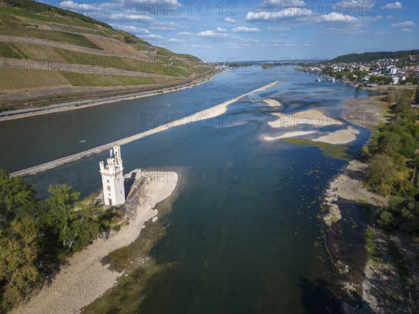 Aerial view with Rhine and Mäuseturm during extremely low water in the drought summer of 2022,