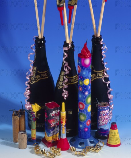 Fireworks rockets firecrackers, bangers, rockets, streamer New Year's Eve motif, New Year's motif