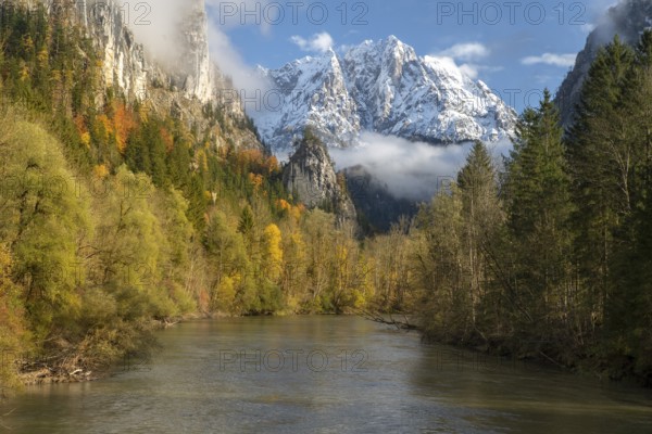 Gesäusee entrance, autumnal view of the free-flowing Enns, Gesäuse National Park, Hall, Styria,