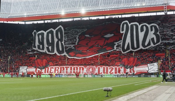 Fan choreography by the fans of 1.FC Kaiserslautern in the West Curve of the Fritz Walter Stadium,