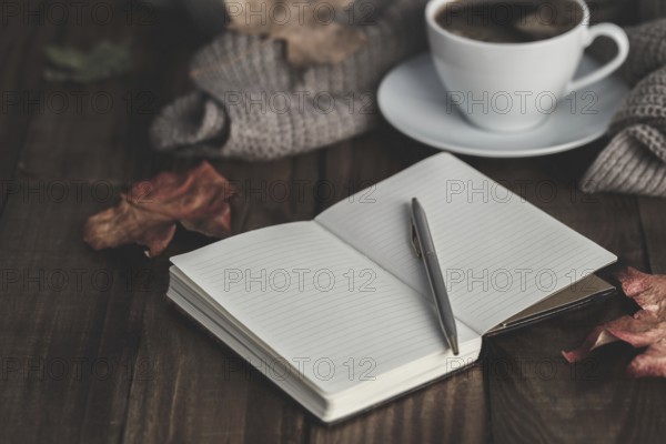 Notebook with pen, hot coffee cappucino, blanket and autumn leaves on old wooden background.