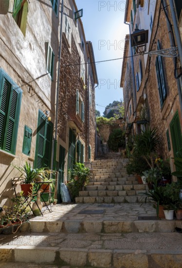 Stairway in the mountain village of Banyalbufar, Serra de Tramuntana, Majorca, Balearic Islands,
