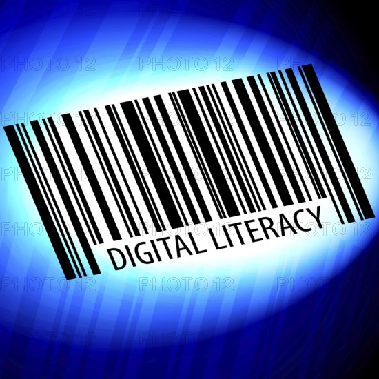 Digital Literacy, barcode with blue Background