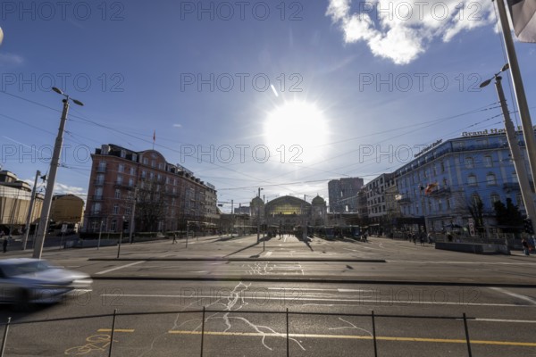 Sun is low over the main railway station, SBB railway station, Centralbahnplatz, Basel, Canton of