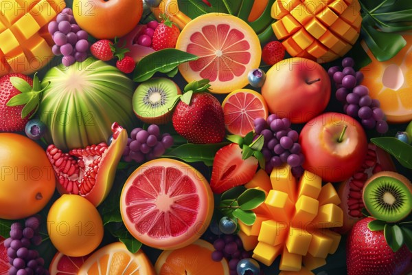 Colorful and artfully arranged slices of fruits like mangoes, strawberries, and kiwi, 3D digital