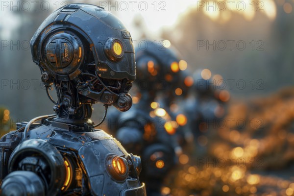 Close-up of a futuristic robot head at sunset with warm colour tones, cyborg, AI generated, AI