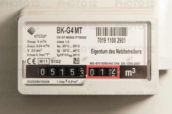 Symbolic image of energy costs in the household, natural gas, analogue gas meter in a flat,