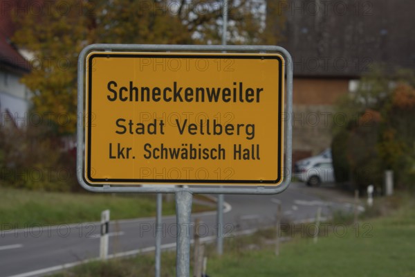 Rural idyll, village sign, Schneckenweiler, Vellberg, Bühler, Bühlertal, Schwäbisch Hall,