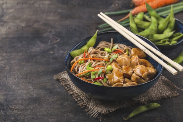 Asian noodles with chicken, vegetables in bowl, rustic wooden background. Space for text. Soba