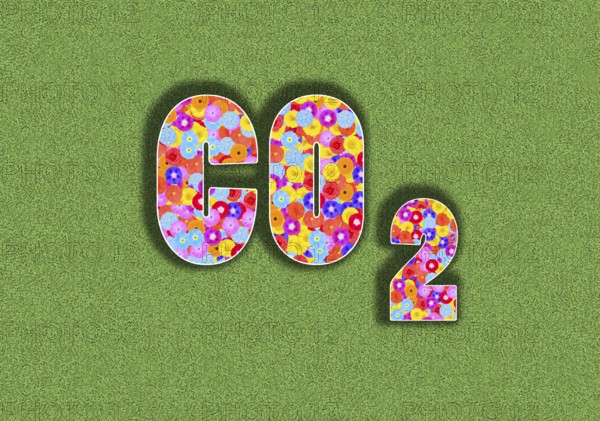 CO 2 carbon dioxide with flower design on green background, lettering, letters, illustration,