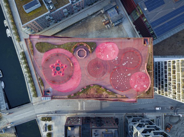 Copenhagen, Denmark, April 07, 2020: Aerial drone view of Konditaget Luders, a recreational space
