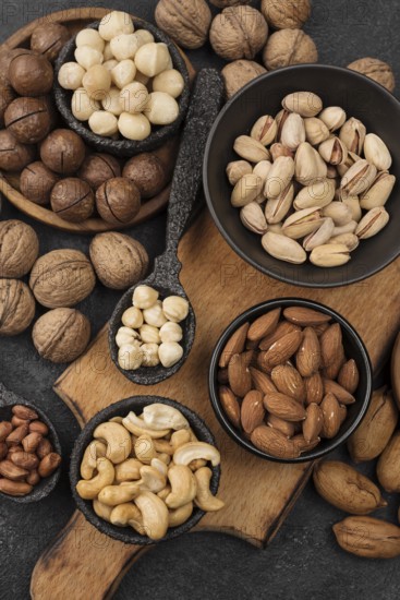 Organic nuts snack bowls wooden board