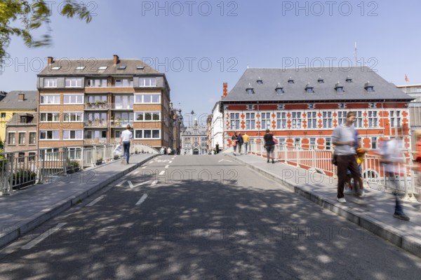 Bridge over the Sembre, next to it tourist office, Namur, Wallonia, Belgium, pedestrians, houses,