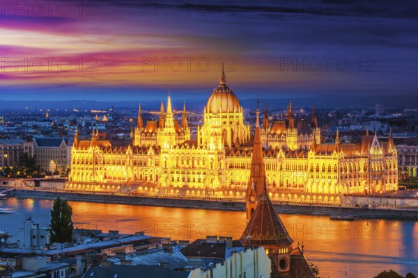 Panoramic view of Budapest with Hungarian Parliament Building on the bank of the Danube after
