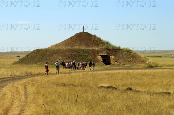Reconstruction of a Bronze Age kurgan, Arkaim, Chelyabinsk Oblast, Siberia, burial mound, barrow,