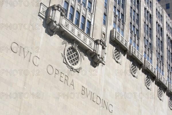 Iconic building architecture on the Civic Opera Building in Chicago, Illinois, USA, North America