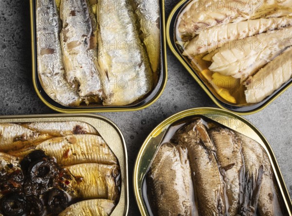 Assorted canned fish in a tin over gray concrete background: sardine, smoked sardine, mackerel.