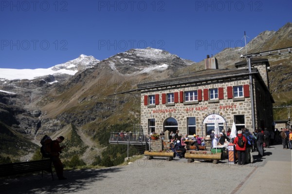Mountain restaurant on Alp Grüm near Bernina Hospitz in the Swiss Alps