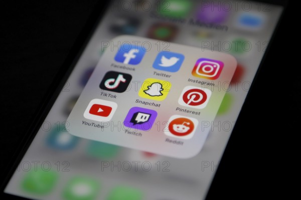 Social media icon, detailed view of a smartphone with social media apps, Facebook, Twitter,