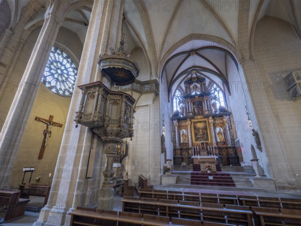 Interior of the Catholic parish church of St. Severi with pulpit and high altar, Erfurt, Thuringia,