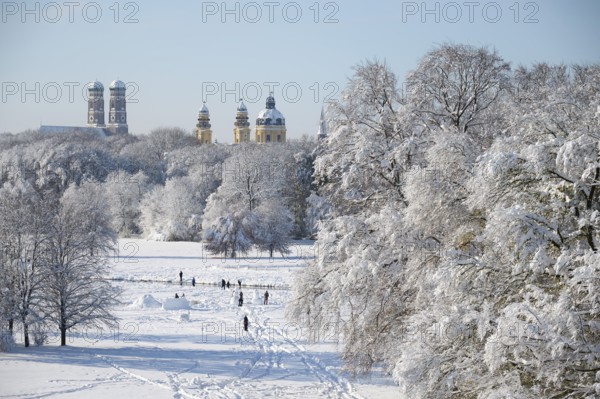 English Garden with Church of Our Lady and Theatine Church in winter, snow, reworked, Munich,