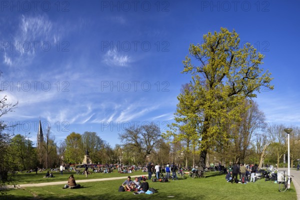 People relaxing at a picnic in Vondelpark in Amsterdam, Netherlands in spring. People relaxing at a