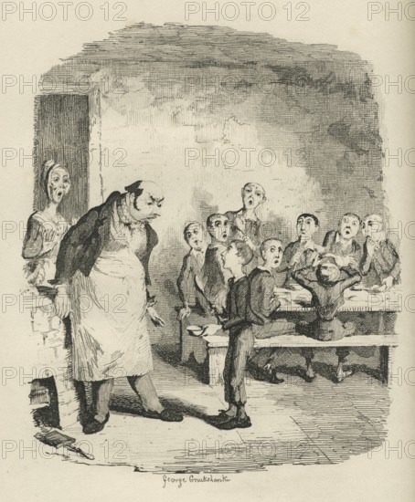 Oliver asking for more. 19th century illustration from Charles Dickens Oliver Twist. Illustration