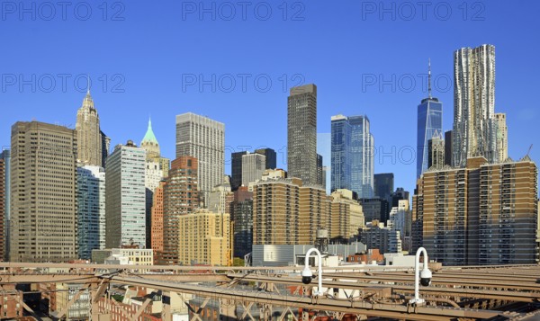 View from Brooklyn Bridge to skyline of Lower Manhattan, One World Trade Centre, Park Place Tower,