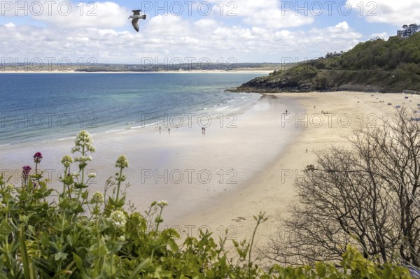 ST IVES, CORNWALL, UK - MAY 13 : View of Porthminster beach in St Ives, Cornwall on May 13, 2021.