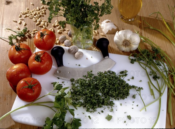 Chopping board, chopping knife Oregano, basil (Ocimum basilicum), tomatoes, onions, pepper seeds,
