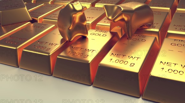 Stacked fine gold bars with abstract bear and bull on a bright background, 3d rendering, financial