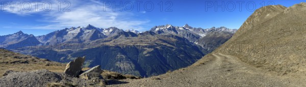 View from the Breithorn over the Upper Valais to the Aletsch area with Eggishorn, Strahlhorn,