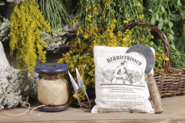 Herbal pillows and herbs hung to dry, St. John's wort, yarrow, mint, lemon balm, bedstraw