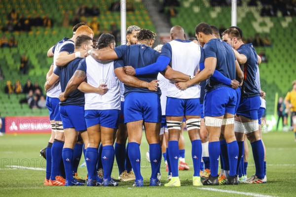MELBOURNE, AUSTRALIA, JULY 13 2021: The French squad have a team talk before the international Test