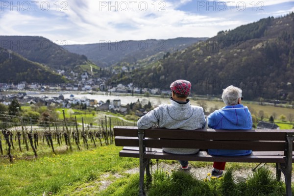 Senior couple sitting on a bench in the vineyards and looking at the Moselle and the town,