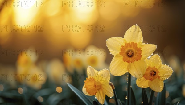 Golden hour light shines through fresh daffodils, duke of rothesay narcissus with water droplets,