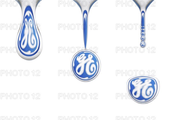 Closeup, macro sequence, water drop, dripping off of a sponge, logo of General Electrics reflected