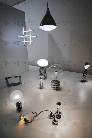 Lamp design by lighting designer Ingo Maurer, Pinakothek der Moderne, Munich, Upper Bavaria,