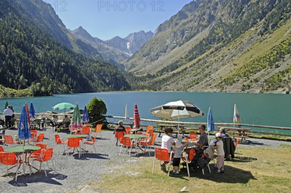 Restaurant, Lac de Gaube, mountain lake, Cauterets, Midi Pyrenees, Pyrenees, Hautes-Pyrenees