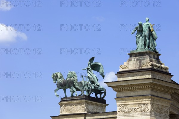 Millennium Monument on the Heroes Square in Budapest, Hungary with statues symbolizing Peace,