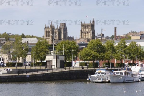 BRISTOL, UK - MAY 14 : View along the River Avon in Bristol on May 14, 2019. Unidentified people