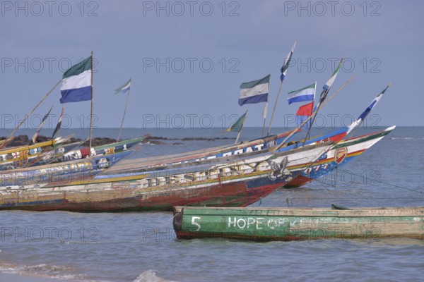 Colourful fishing boats, Mama Beach, near Kent, Western Area, Sierra Leone, Africa