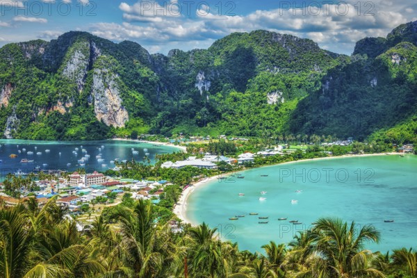 Travel vacation background, Tropical island with resorts, Phi-Phi island, Krabi Province, Thailand,